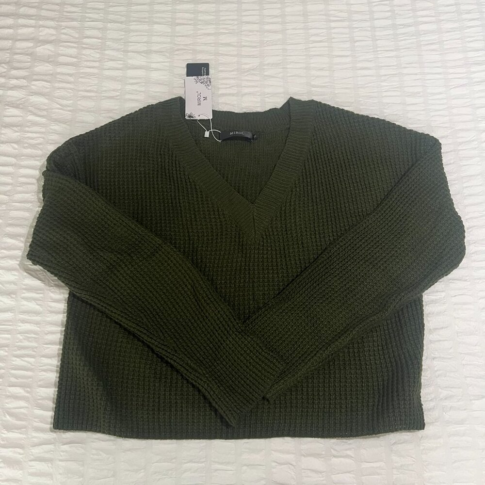 MIROL Women's Waffle Knit Cropped V Neck Pullover Sweater - Size Small